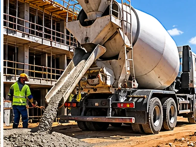 Concreto usinado saindo da calha do caminhão betoneira