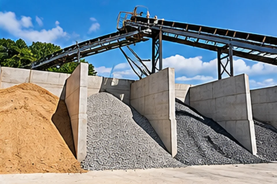 Baias de areia e brita utilizadas na produção de concreto